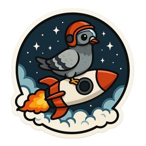 Pegatina de paloma cohete | Paloma de dibujos animados con casco viajando en cohete | Cómic espacial de animales con humor | Pegatina divertida de vuelo