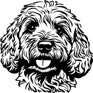 Op de afbeelding: Een zwart-wit illustratie van een hondengezicht. De hond heeft een pluizige vacht, een zwarte neus en zijn tong steekt uit. De ogen van de hond zijn open en alert, en het ontwerp is gedetailleerd en gestileerd.