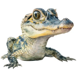 Pode incluir: Ilustração em aquarela de um bebê jacaré com escamas detalhadas e olhos grandes e expressivos. O jacaré é retratado em tons de verde, amarelo e azul, com uma aparência texturizada. O jacaré está deitado, com as pernas e a cauda visíveis.