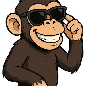 May include: Cartoon image of a brown monkey wearing black sunglasses, smiling broadly, and adjusting the glasses with a finger. The monkey has a light brown face and hands, set against a white background.