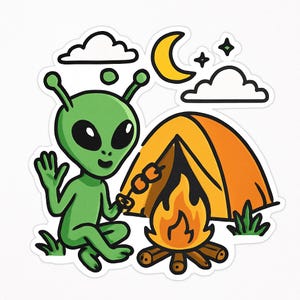 Alien Camping Sticker – Funny Car Sticker – Weatherproof, Extraterrestrial – Gift for Sci-Fi Fans, Campers, and Nerds