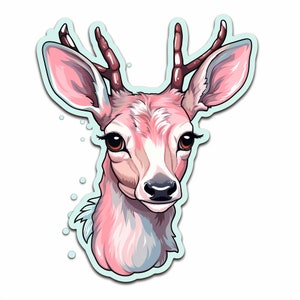 Pink Hirsch Sticker – Niedlicher Cartoon Reh Aufkleber mit Geweih in Pastell als Kawaii Deko für Waldtier Fans und Pop Art Liebhaber