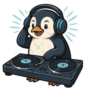 Könnte beinhalten: Cartoon-Illustration eines Pinguin-DJs. Der schwarz-weiße Pinguin trägt Kopfhörer und bedient einen schwarzen Plattenspieler mit zwei Schallplatten. Hellblaue Schallwellen gehen von seinem Kopf aus. Der Pinguin hat einen orangefarbenen Schnabel und Füße.