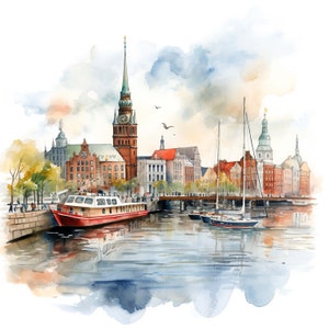 Peut inclure: Peinture à l'aquarelle d'une ville avec un bateau rouge au premier plan, un haut clocher d'église et plusieurs voiliers dans l'eau.