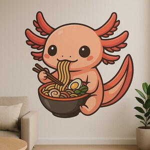 Adhesivo de pared de un lindo ajolote comiendo ramen: divertido motivo animal para decorar la cocina, la habitación de los niños o la autocaravana para los amantes de los anfibios kawaii y del ramen.