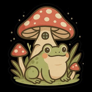 Autocollant mignon grenouille avec maison champignon – Motif animal de dessin animé pour cahiers, ordinateurs portables, bouteilles d'eau et scrapbooking Autocollant nature amusant