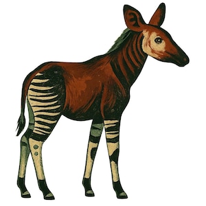 Può includere: Illustrazione di un okapi, mammifero con corpo marrone, zampe a strisce zebrate e viso chiaro. L'okapi ha grandi orecchie e una coda corta. L'opera d'arte è in stile vintage, disegnata a mano.