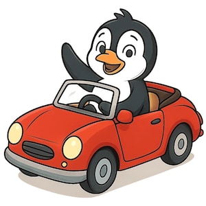 Könnte beinhalten: Cartoon-Illustration eines Pinguins, der ein rotes Cabrio fährt. Der Pinguin mit schwarz-weißen Federn und einem orangefarbenen Schnabel winkt. Das Auto hat gelbe Scheinwerfer und graue Reifen.