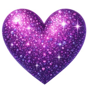 May include: A sparkling, purple heart shape with a glittery texture. The heart is filled with small, round, and heart-shaped elements, with bright star-like highlights. The overall effect is a shimmering, romantic design.