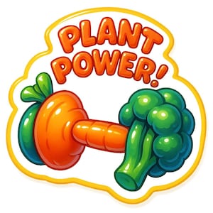 植物パワー！ – ニンジンとブロッコリーで作ったダンベル – 面白い漫画のステッカー – 耐候性 – フィットネスやビーガンユーモアのファンへのギフト