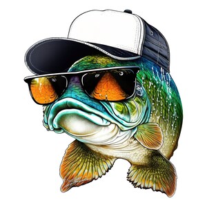 Könnte beinhalten: Ein bunter Fisch, der eine Sonnenbrille und eine schwarz-weiße Baseballkappe trägt. Der Fisch hat einen grün, blau und gelben Körper mit orangefarbenen Flossen.