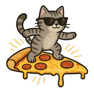 Op de afbeelding: Een cartoon illustratie van een grijze tabby kat met een zonnebril, surfend op een pizzapunt met pepperoni. De pizza heeft gesmolten kaas die van de rand druipt, en gele stralen komen van achter de pizza.