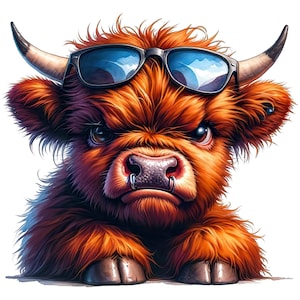May include: A digitally created image of a Highland cow calf with a serious expression. The calf has long, reddish-brown fur, large horns, and is wearing black sunglasses. The cow has a nose ring and is set against a white background.