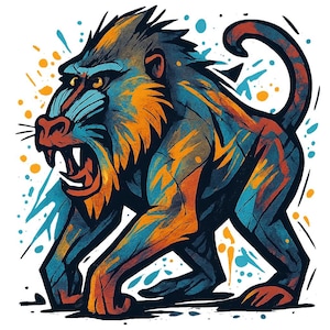 May include: A striking illustration of a baboon, depicted in a dynamic pose with an open mouth. The artwork uses a vibrant colour scheme of blue, orange, and red, set against a white backdrop with paint splatter details.