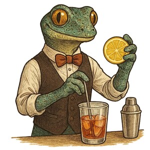 Op de afbeelding: Illustratie van een kikker-barman in een vest en vlinderdas, die een citroenpartje vasthoudt en een cocktail roert. De kikker heeft een groene huid en oranje ogen. Een cocktailshaker en een cocktailglas staan op de toonbank.