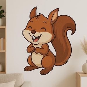 Adhesivo de pared de ardilla feliz: divertido motivo de animales del bosque para la sala de estar, la habitación de los niños o la decoración de casas móviles para los amantes de los animales de la naturaleza.