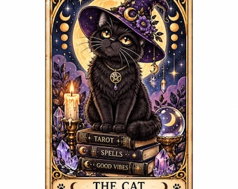 May include: A rectangular tarot card featuring a black cat wearing a purple witch hat with flowers and a crescent moon. The cat sits on three books labeled Tarot, Spells, and Good Vibes, surrounded by a candle, crystals, and a full moon.