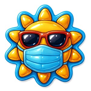 フェイスマスクとサングラスをかけた太陽 – 面白い漫画ステッカー – 耐候性 – 夏と天気ユーモアのファンへのギフト