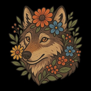 Niedlicher Wolf Sticker mit Blumenkranz – süßer Tieraufkleber Naturmotiv Wolf mit Blumen, niedliches Waldtier Laptop Aufkleber Geschenkidee