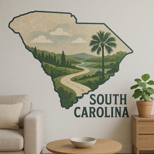 South Carolina Kartenlandschaft Wandtattoo – Naturmotiv mit Bundesstaat-Umriss für Wohnzimmer, Büro oder Wohnmobil Deko für USA Reise-Fans