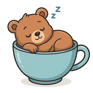 Peut inclure: Illustration d'un ours en peluche brun dormant paisiblement dans une tasse bleu clair. L'ours a les yeux fermés et la lettre "Z" est répétée deux fois au-dessus de sa tête, indiquant le sommeil. La tasse a une anse et une base arrondie.
