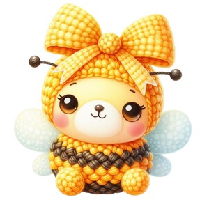 May include: A cute cartoon bee character, featuring a yellow and black striped body and a yellow knitted hat with a large bow. The bee has large eyes and small, translucent wings, set against a white background.