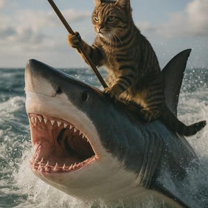 Pegatina divertida de gato sobre tiburón, pegatina divertida para coche con motivo de animal, gato de dibujos animados con lanza, decoración humorística del mundo acuático, idea de regalo