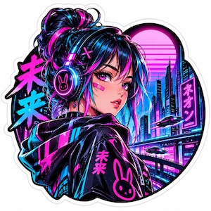 Könnte beinhalten: Ein runder Aufkleber mit einer Anime-Figur mit dunklem Haar und pinken Highlights, die einen Kopfhörer mit Hasensymbol trägt. Die Figur trägt einen schwarzen Kapuzenpullover mit einem pinken Hasenlogo. Hintergrund zeigt eine Neonstadt.