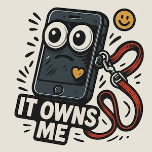 Könnte beinhalten: Cartoon-Illustration eines Smartphones mit großen Augen, einem traurigen Gesicht und einem gelben Herzen. Das Telefon ist mit einer roten Leine verbunden, darunter der Text "IT OWNS ME" und ein lächelndes Gesicht in der oberen rechten Ecke.
