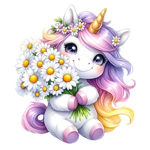 Süßes Einhorn mit Blumenstrauß Autoaufkleber Sticker niedlich bunt kawaii Fantasie Pferd Dekor Kinder Geschenk