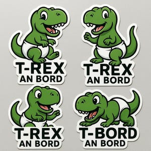 Zestaw naklejek T-Rex na pokładzie – zabawna naklejka „Baby on Board” z dinozaurem w pieluszce – naklejka na samochód z humorem – odporna na warunki atmosferyczne i przyciągająca wzrok