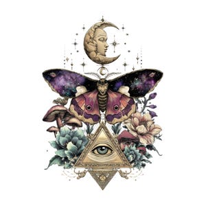 May include: A detailed illustration featuring a moth with galaxy-like wings, a crescent moon with a face, and an eye within a triangle. The design incorporates mushrooms, flowers, and stars, all in a vintage, mystical style.