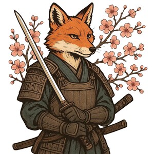 May include: Illustration of a fox samurai with orange fur, wearing traditional armor and holding two swords. Cherry blossom branches frame the fox. The artwork has a detailed, hand-drawn style with a white background.