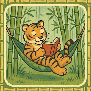 Adesivo tigre con libro su amaca Divertente adesivo fumetto tigre che legge per gli amanti dei libri angoli di lettura e fan dei gatti selvatici