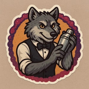 Könnte beinhalten: Ein Aufkleber mit einem Cartoon-Wolf als Barkeeper, der einen Cocktailshaker hält. Der Wolf ist grau mit gelben Augen und trägt eine schwarze Weste und eine Fliege. Der Aufkleber hat einen dekorativen Rand und einen orangefarbenen und lila Hintergrund.