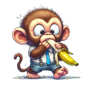 Könnte beinhalten: Cartoon-Illustration eines braunen Affen mit weißem Hemd, blauer Krawatte mit weißen Punkten und Jeans-Latzhose. Der Affe isst eine gelbe Banane, mit einer geschälten Banane in der Hand.