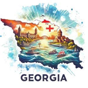 Könnte beinhalten: Aquarellillustration der Karte von Georgien mit Sehenswürdigkeiten, Booten und einem Sonnenaufgang. Das Bild enthält das Wort "GEORGIA" in dunkelblauer Schrift, mit einer lebendigen Farbpalette aus Blau, Orange und Grün.