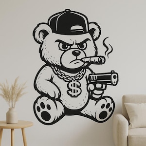 Sticker mural ours en peluche gangster – Dessin humoristique de style urbain pour chambre d'enfant, chambre d'adolescent ou décoration de mobil-home pour les fans de hip-hop et de bandes dessinées