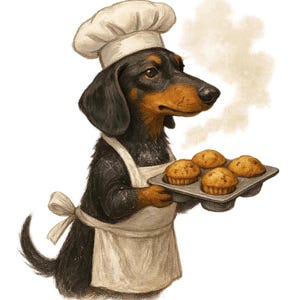 Könnte beinhalten: Illustration eines Dackelhundes mit Kochmütze und Schürze, der ein Tablett mit frisch gebackenen Muffins hält. Der Hund hat schwarzes und braunes Fell, mit einer weißen Schürze und Mütze. Dampf steigt vom Tablett auf.