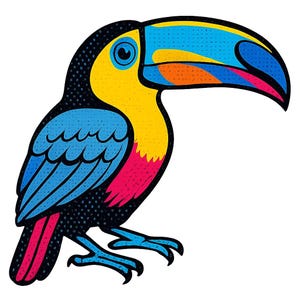 Può includere: Illustrazione colorata di un tucano. L'uccello presenta un grande becco multicolore con dettagli blu, arancioni e rosa. Il suo corpo è un mix di blu, giallo e rosa, delineato in nero. Il tucano è su sfondo bianco.