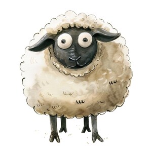 May include: A watercolour illustration of a sheep. The sheep has a fluffy white body, a black face, ears, and legs. It has large eyes and is set against a white background. The artwork has a whimsical, cartoonish style, with soft, blended colours.