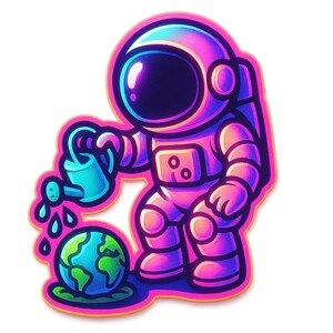 Astronauta con regadera regando la mini-tierra – Pegatina mágica de dibujos animados – Resistente a la intemperie – Regalo para amantes del espacio, el medio ambiente y el humor