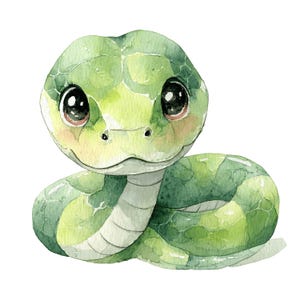 Può includere: Illustrazione ad acquerello di un simpatico serpente verde con grandi occhi espressivi. Il serpente è arrotolato, mostrando il suo corpo a motivi verdi e bianchi. L'opera d'arte ha uno stile morbido e stravagante, perfetto per l'arredamento dei bambini o i disegni a tema animale.