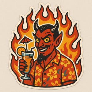 Pegatina de diablo con camisa hawaiana y copa de cóctel. Divertida pegatina de demonio cómico para amigos de verano, fanáticos de la sátira y fanáticos de la pasión.