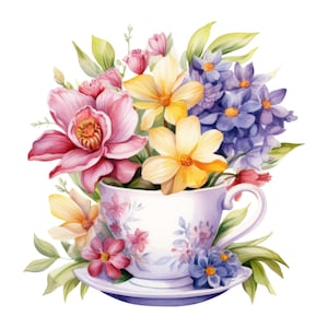 Adesivo per tazza da tè con fiori, adesivo acquerello con tazza floreale, adesivo da parete, adesivo per auto, decorazione, idea regalo per amanti del tè, fiori, amici, romanticismo