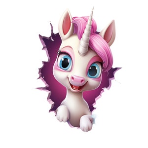 Muursticker 'Happy unicorn break through' – 3D muursticker en autosticker