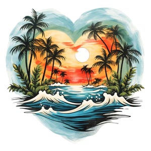 Può includere: Illustrazione a forma di cuore di un tramonto tropicale. La scena comprende palme, onde oceaniche e un tramonto colorato con toni arancioni, gialli e rossi. L'opera d'arte evoca un senso di paradiso e relax.