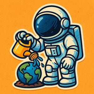 Astronauta con regadera regando la mini-tierra – Pegatina mágica de dibujos animados – Resistente a la intemperie – Regalo para amantes del espacio, el medio ambiente y el humor