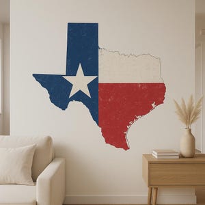 Sticker mural carte du Texas avec drapeau – contour des États américains avec motif Lone Star pour décoration de salon, de garage ou de camping-car pour les fans du Texas USA