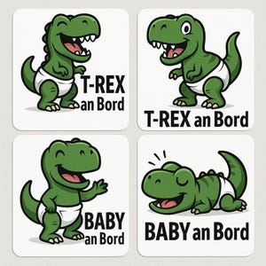 Zestaw naklejek T-Rex na pokładzie – zabawna naklejka „Baby on Board” z dinozaurem w pieluszce – naklejka na samochód z humorem – odporna na warunki atmosferyczne i przyciągająca wzrok